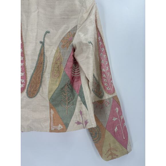 Anage Vintage Jacket Womens Large Beige Pink Green 100% Silk Embroidered Nature - Picture 10 of 16